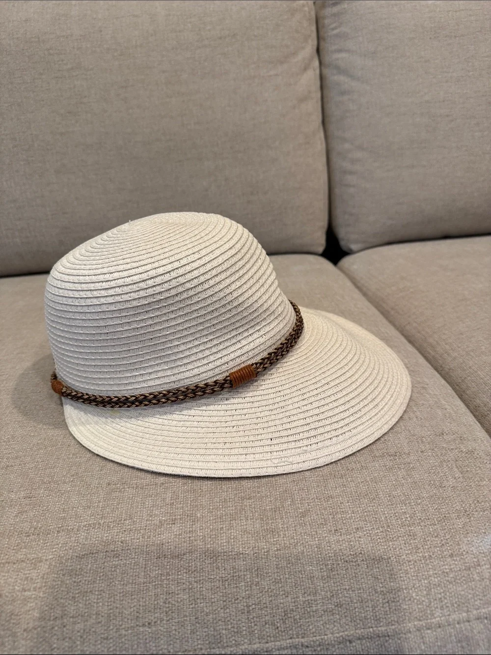 Women's Cream Straw Sun Hat with Braided Band. Small.